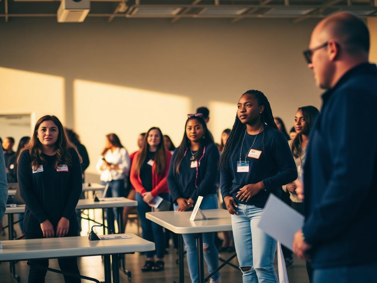 Young people speaking with adult professionals at tables during a career showcase in a community center.