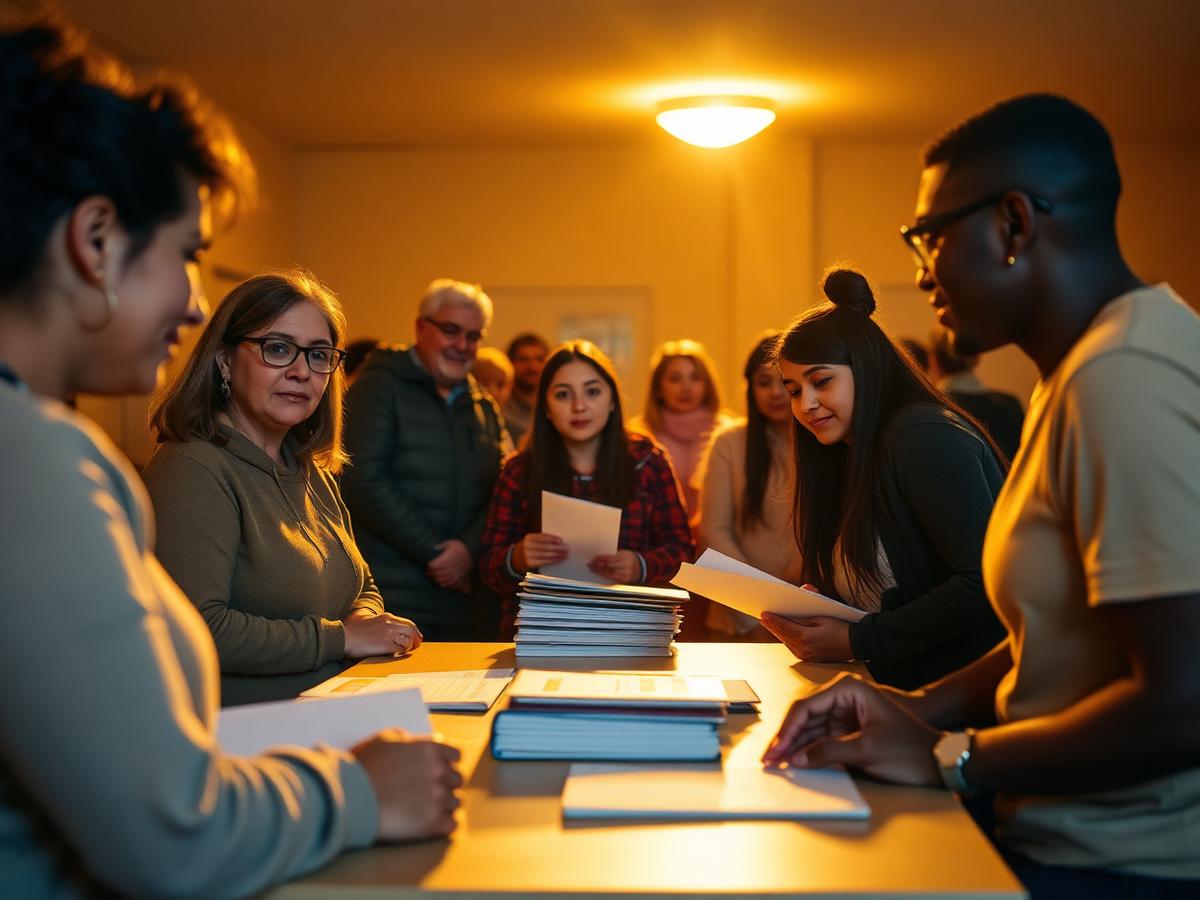 Parents and teenagers gathered at a welcome table with information folders during an evening event.