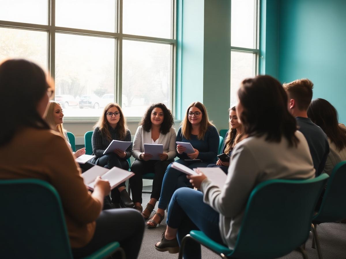 Adult volunteers seated in a circle with notebooks during a mentor training session.