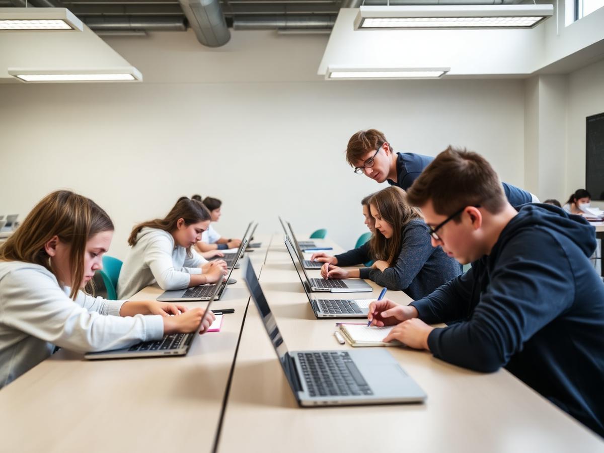 Teenagers studying at a long table with laptops and notebooks while a tutor helps one student.