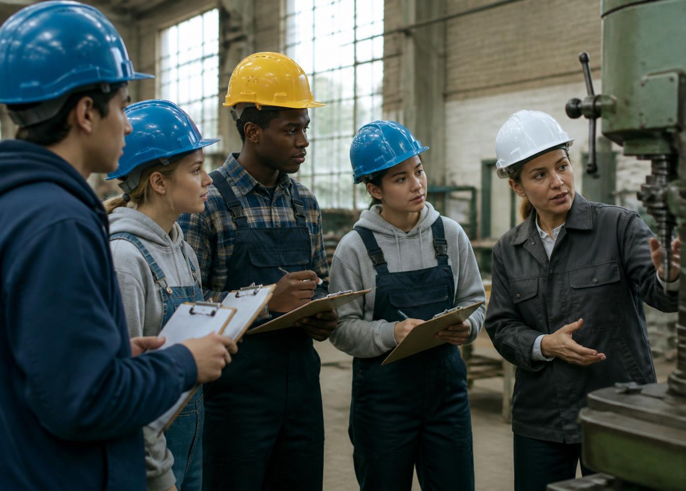Young adults on a workplace visit listening to a technician explain shop equipment.