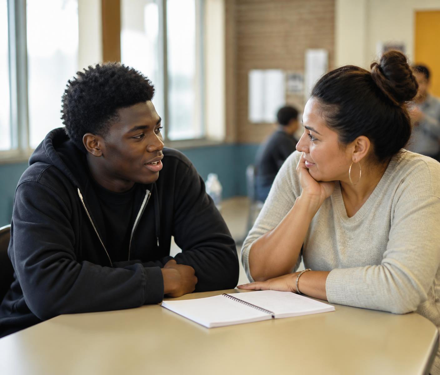 A teenage boy talking with an adult mentor across a table in a sunlit community center.