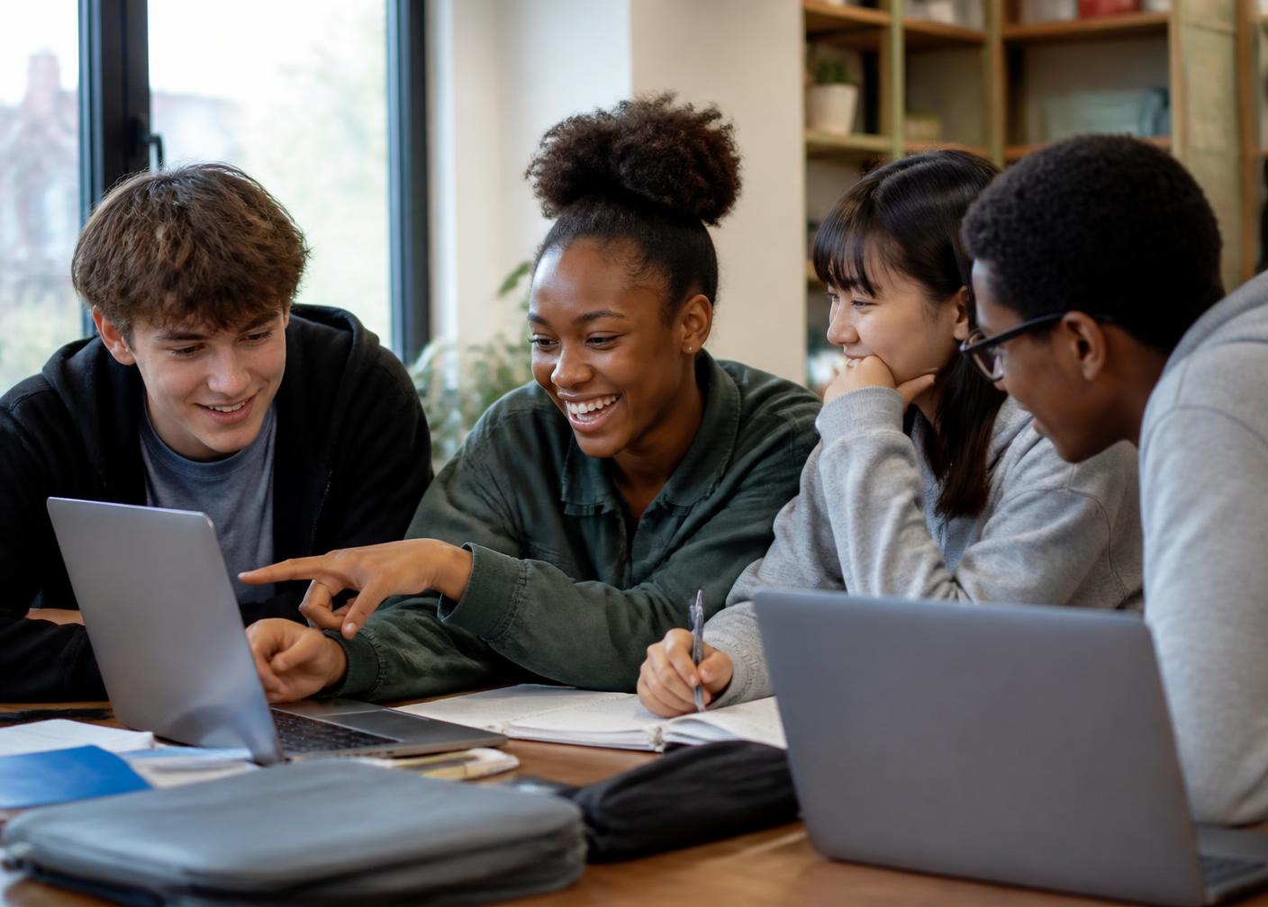 Four high school students collaborating around laptops in an after-school learning room.