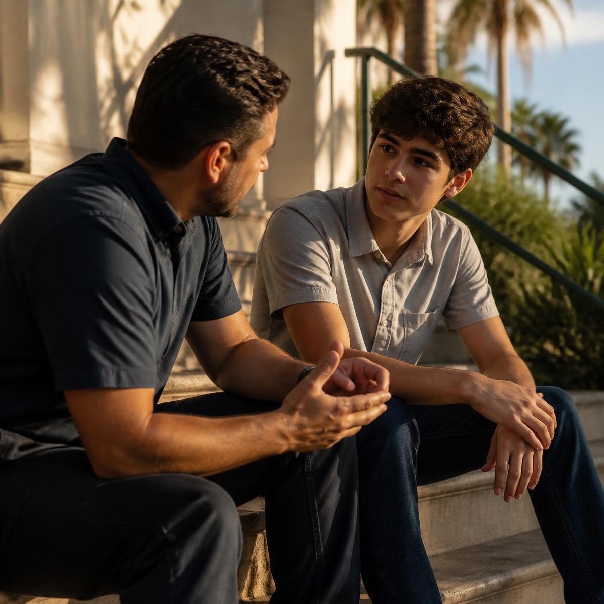 A young man and a mentor sitting on outdoor steps in conversation.