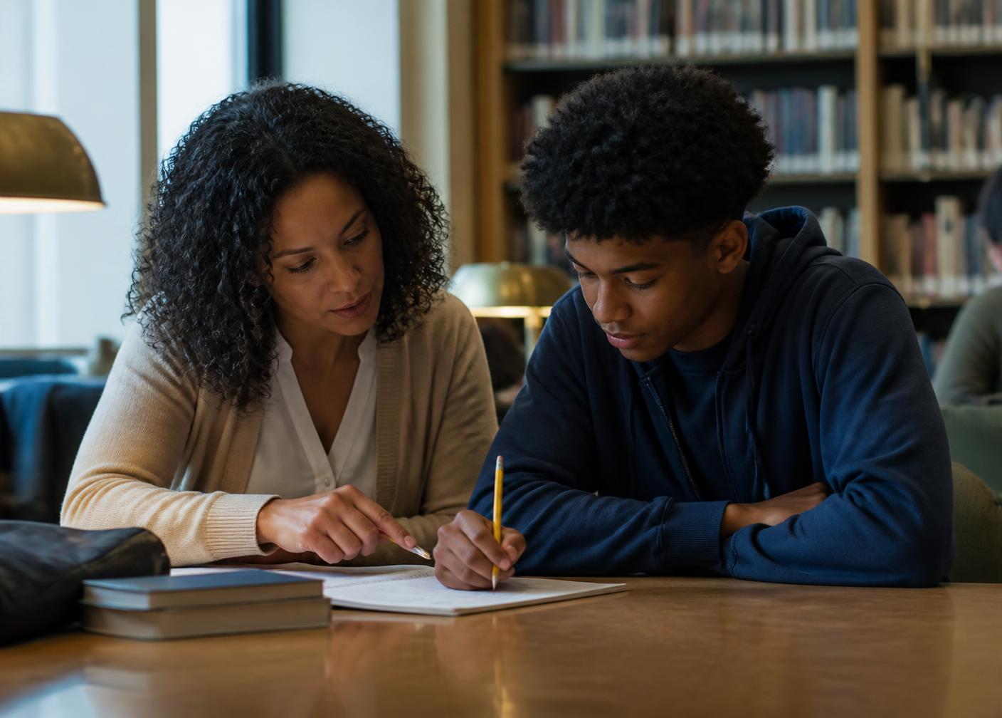 A volunteer mentor working through homework beside a teenage student at a library table.