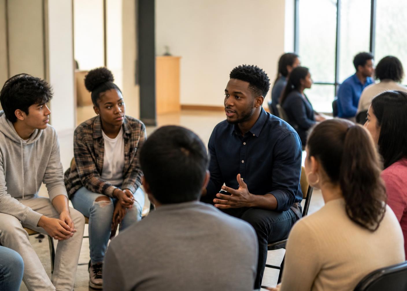 Teenagers and young adults seated in a semicircle during a community career workshop.